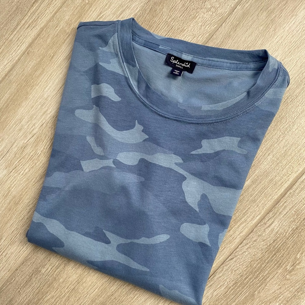 Splendid Blue Camo Crew Neck Short Sleeve T-Shirt Size Small - Picture 8 of 9